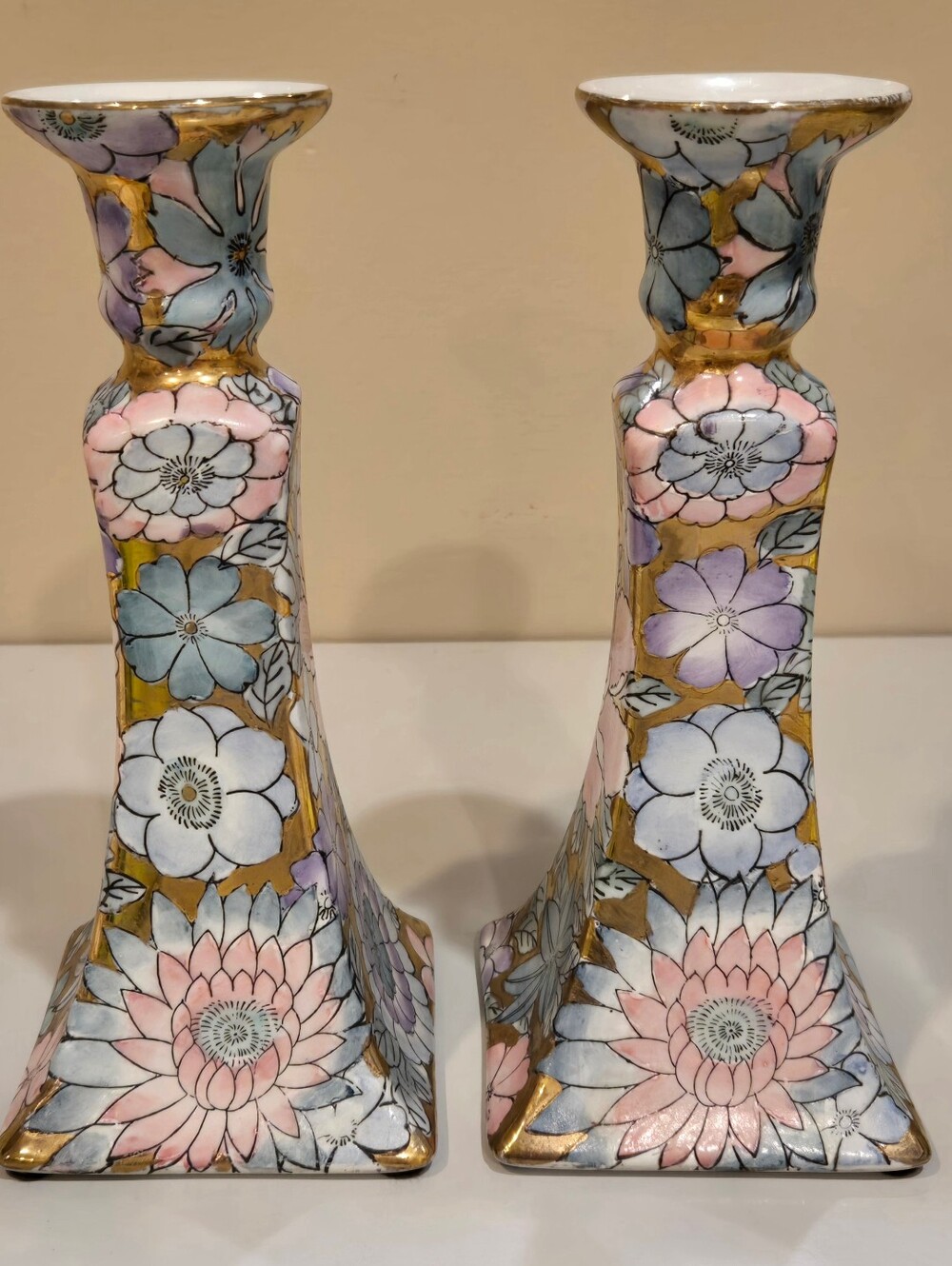Vintage Toyo Floral Porcelain Candlestick Pair in Pink, Blue and Gold